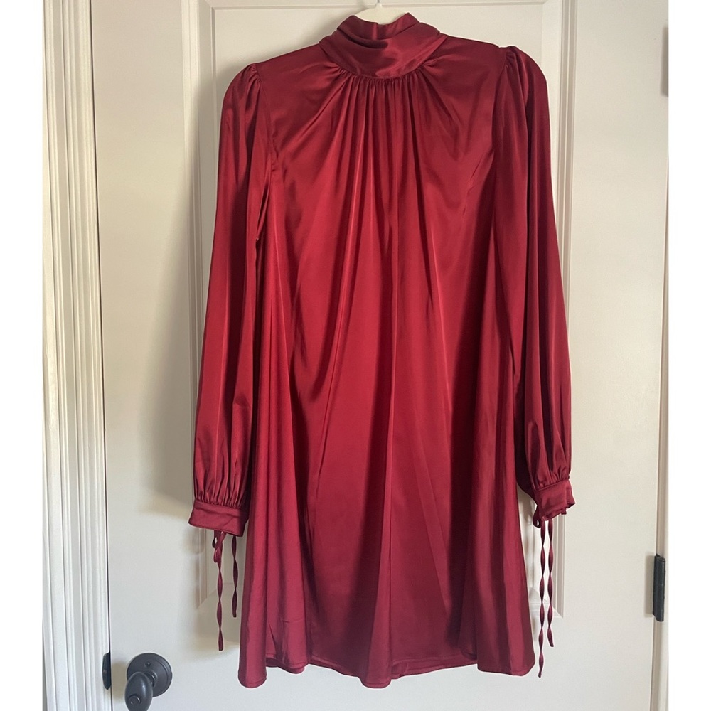 NWOT Belle Badgley Mischka Ansley Maroon Dress, Long Sleeve, Mock Neck, Bow Back